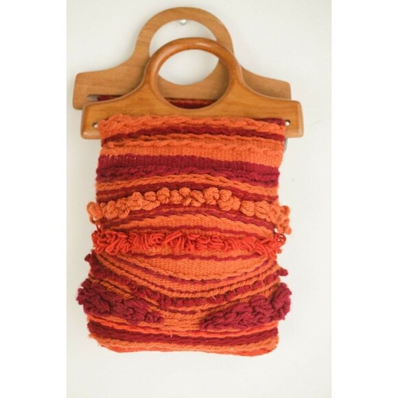 Vintage 70s Textured Knit Macrame Colourful Wood Handle Tote - Picture 2 of 7